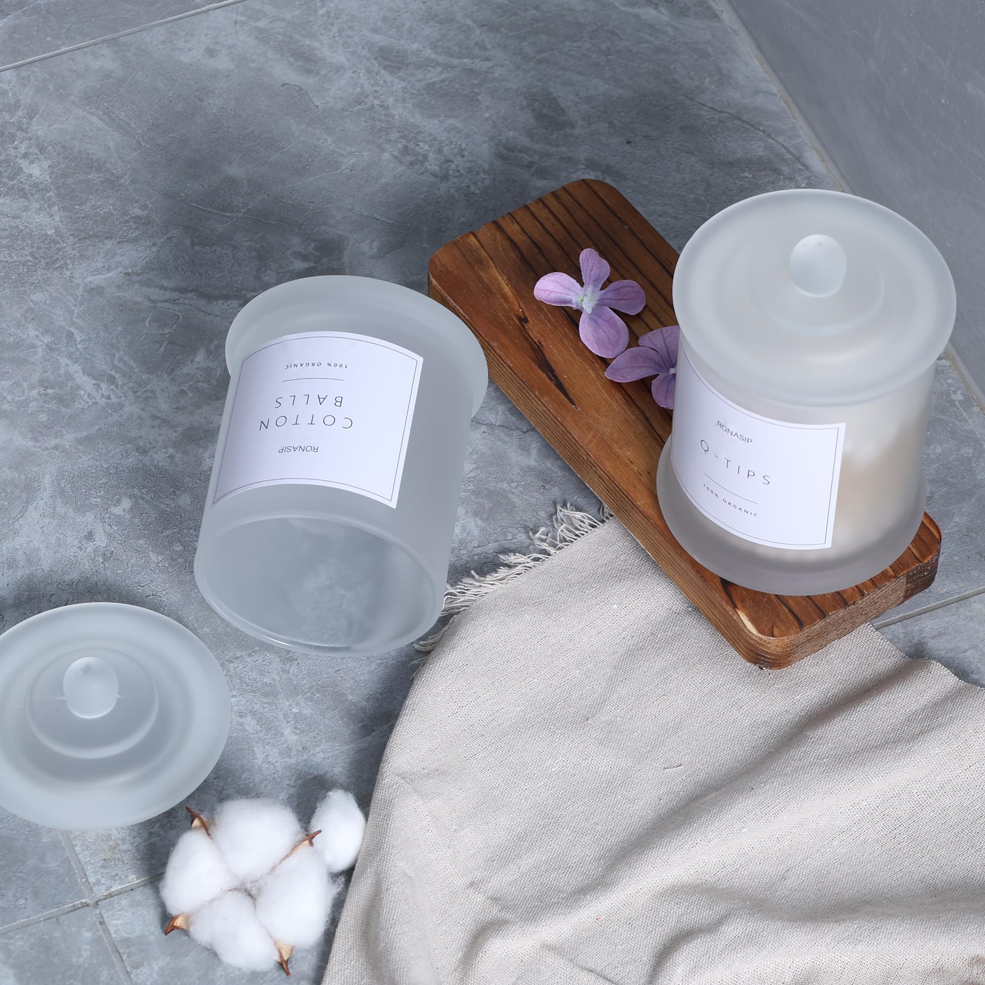 Ronasip Qtip Holder & Cotton Pad Dispenser, Bathroom Organizer and Storage Canisters, 16oz Glass Apothecary Jars for Kitchen, Restroom - Home Decor, Room Decor Aesthetic (2 Pack, Frosted White)