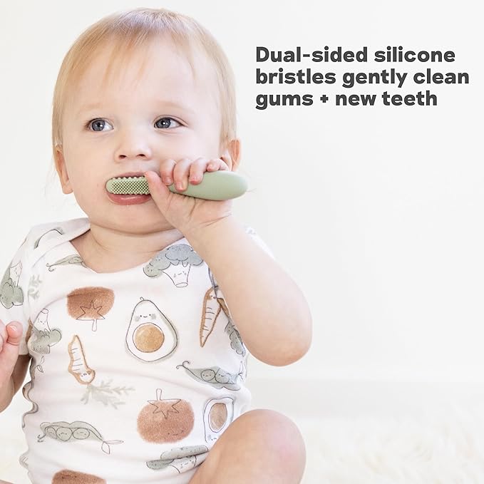 ezpz Baby-Led Toothbrush + Tongue Depressor Dual Pack (Blush) - 100% Silicone Toothbrush + Silicone/Stainless Steel Tongue Depressor - Helps Set-up Infants for a Healthy Oral Care Routine