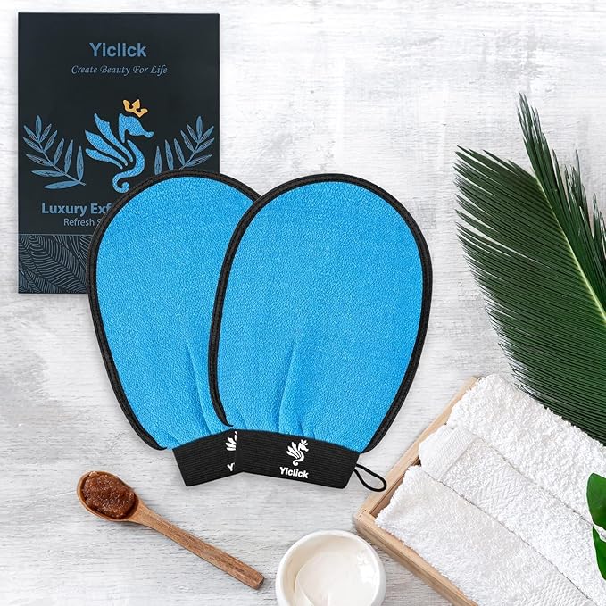 Exfoliating Gloves 2 Pcs, Exfoliating Body Scrubber for Bath Shower Exfoliation, Body Scrub Exfoliator Loofah Sponge for Dead Skin Remover, Korean Exfoliating Mitt (Blue)