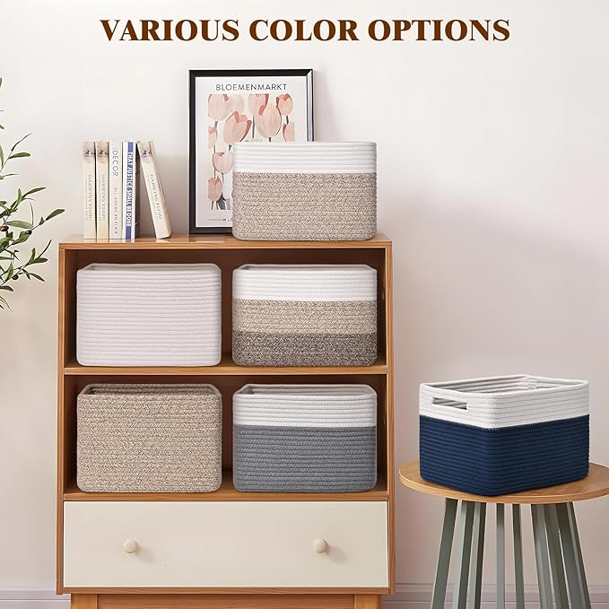 Storage Baskets for Organizing, 4 Pack Baskets for Shelves, Decorative Storage Bins for Shelves, Cotton Rope Storage Basket with Handles, Woven Basket for Storage, 13''Lx8.7''Wx7.9''H, White & Brown