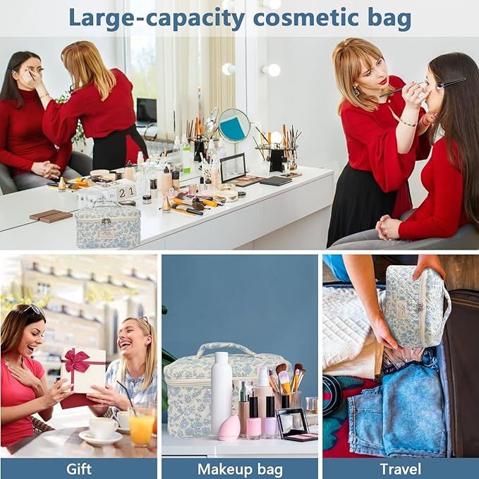 Gosect Large Travel Quilted Makeup Bag for Women,Big Floral Cotton Cosmetic Bag, Cute Coquette Aesthetic Floral Toiletry Organizer Bag (Pink pattern)