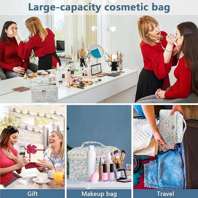 Gosect Floral Quilted Makeup Bag, Large Capacity Travel Cosmetic Organizer Bag with Handle, Portable Toiletry Bag for Women 6.3'' x 6.3'' x 9.84''(Multicolor)