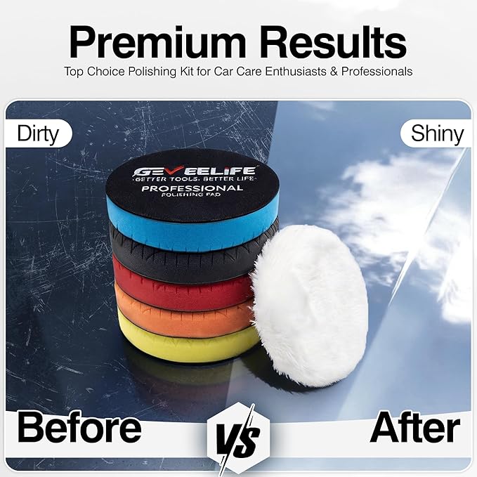 GEVEELIFE 9Pcs Buffing Polishing Pads Kit, 5 Inch Buffing Pads, Sponge & Woolen Pads with M14 Drill Adapter & Backing Plate for Car Care, Polishing, Washing, Cleaning, Waxing