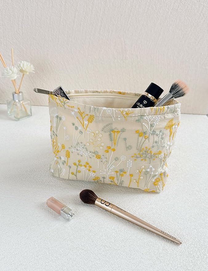 RIKMOXR 2 Pcs Makeup Bags, Large Cosmetic Bag Travel Toiletry Bag Organizer for Women, Embroidery Craft, Floral Makeup Bag Small Cosmetic Pouch Purse with Zipper Gifts for Girls Teen