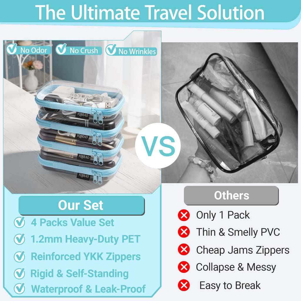 YQBRAO 4-Pack Clear Hard Shell Zipper Case, 1.2mm Ultra-Thick Diaper Bag Organizer Pouches, Rigid Self-Standing Travel Makeup Bags with YKK Zippers, TSA Approved, Blue