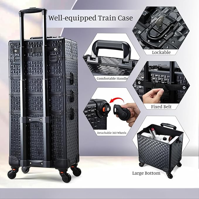 Adazzo 4 in 1 Rolling Makeup Trolley Train Case Cosmetic Suitcase Nail Tech Box for Makeup Artist, Hairstylists, Nail Tech Case with with Keys Swivel Wheels Traveling Trunk (Shiny Brick)