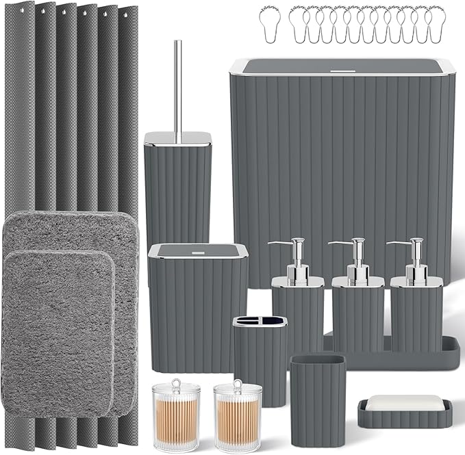 InnJoey Bathroom Accessory Set - Bathroom Set, 27PC Bathroom Accessories Set, Grey Bathroom Sets with Shower Curtain and Rugs, Mini Trash Can, Toilet Brush, Trash Can & Soap Dispenser