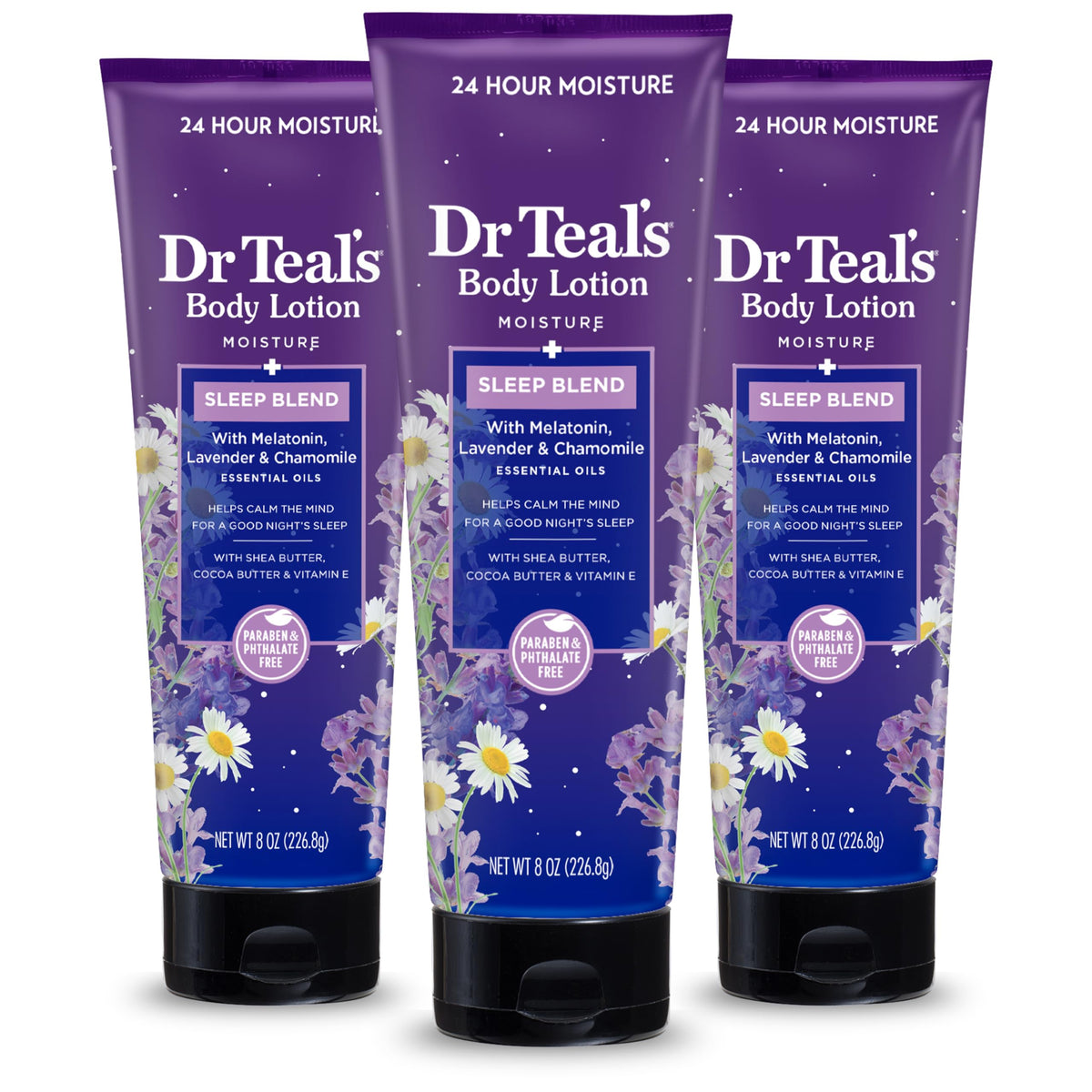 Dr Teal's Sleep Body Lotion, 24-Hour Moisture, with Melatonin, Lavender & Chamomile Essential Oils, 8 fl oz (Pack of 3)