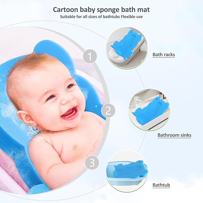 Baby Bath Sponge, Infant Comfy Soft Bath Sponges Mat, Natural Cute Shapes Skid-Proof Bathing Cushion for Toddler & Newborn, 4pcs Shape Style: Blue Dolphin, Pink Shell, Green Turtle and Big Blue Frog