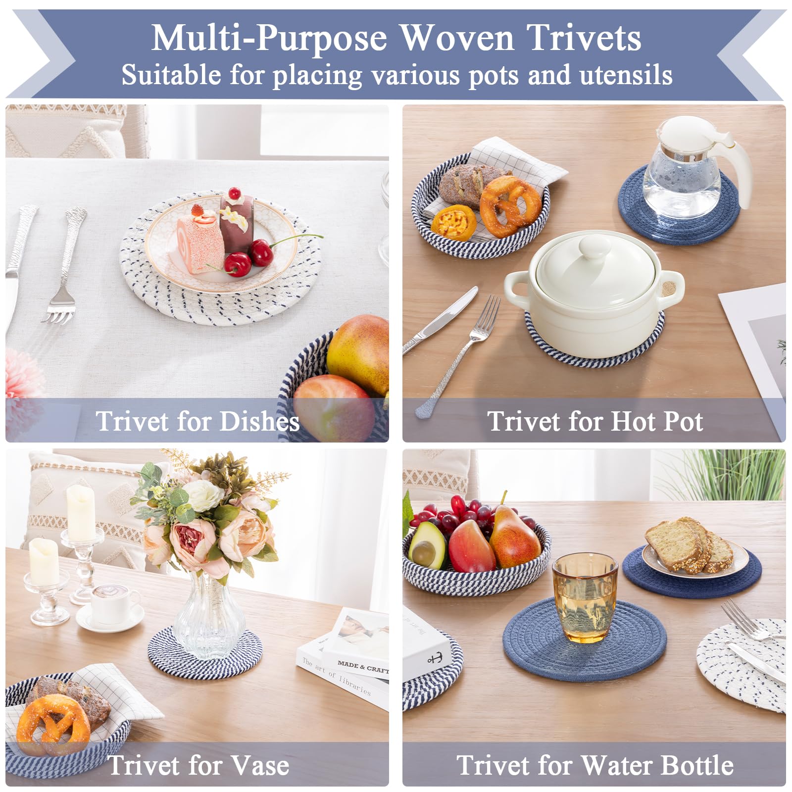SHACOS 8 Inches Trivets for Hot Dishes, 4 Pieces Cotton Trivets Mats for Kitchen with Storage Basket, Hot Pads for Countertops and Table, Heat-Resistant Pot Holders for Hot Pots and Pans