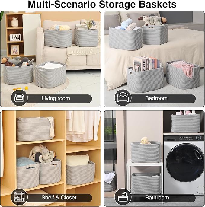 ICERZCZ Storage Baskets for Organizing & Shelves, Woven Cotton Rope Organization Bins for Dog Toys, Clothes, Books, Nursery Organizer, 15" Lx11 Wx9.5 H, (4 Packs) Grey