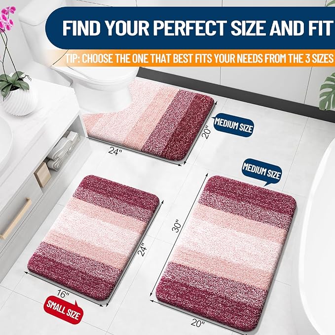 OLANLY Bathroom Rug Set 2 Piece, Soft Absorbent Microfiber Bath Mats and U-Shaped Contour Toilet Rug, Non-Slip, Machine Wash Dry, Plush Shaggy Bath Mats for Bathroom (24"x16"+24"x20", Red)