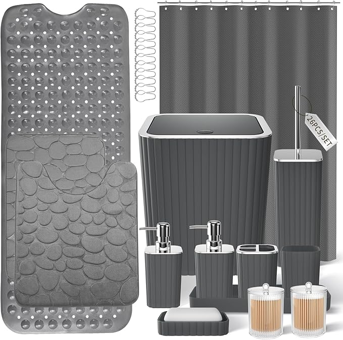 XLHOMO Bathroom Accessory Set - 25PC Green Bathroom Sets, Bathroom Set with Shower Curtain and Rugs, Dark Green Shower Curtain Set, Trash Can, Qtip Holder & Soap Dispenser