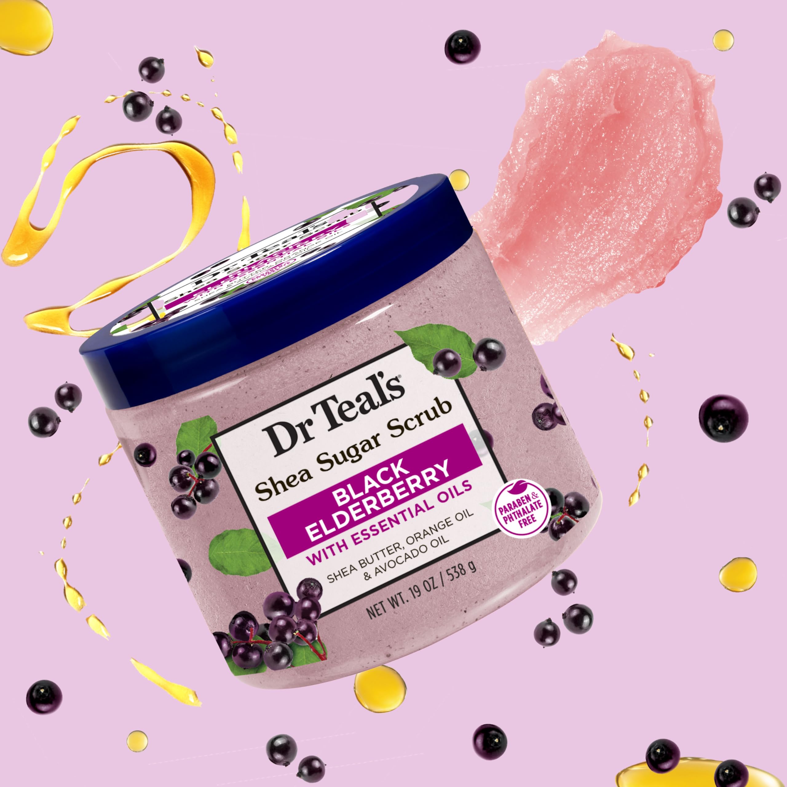 Dr Teal's Shea Sugar Body Scrub, Black Elderberry with Essential Oils, 19 oz (Pack of 3)
