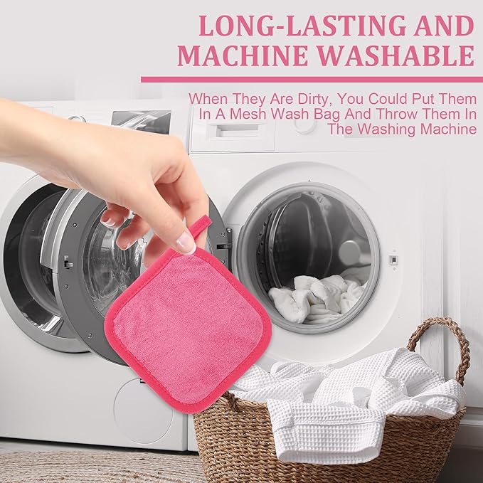 Puomue Makeup Remover Cloth 12 Pack, Ultra Soft and Reusable Microfiber Makeup Remover Towels for All Skin Types, Perfect Face Towels for Women, 6 Inch X 6 Inch, Rose Red