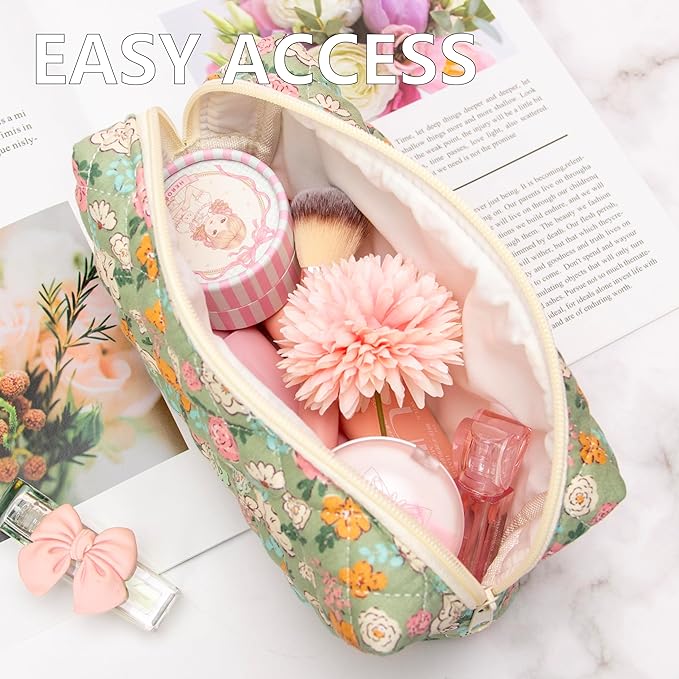 PAZIMIIK Small Quilted Makeup Bag,Zipper Cosmetic Pouch,Green Floral
