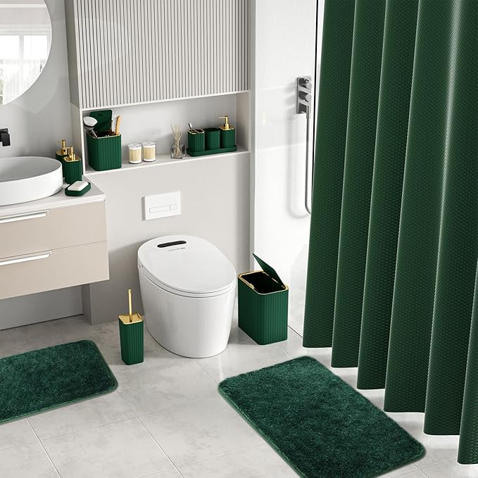 InnJoey Bathroom Sets with Shower Curtain and Rugs - Elegant Bathroom Set, 27PC Bathroom Accessories Set, Green Bathroom Set, Mini Trash Can, Toilet Brush, Trash Can & Soap Dispenser