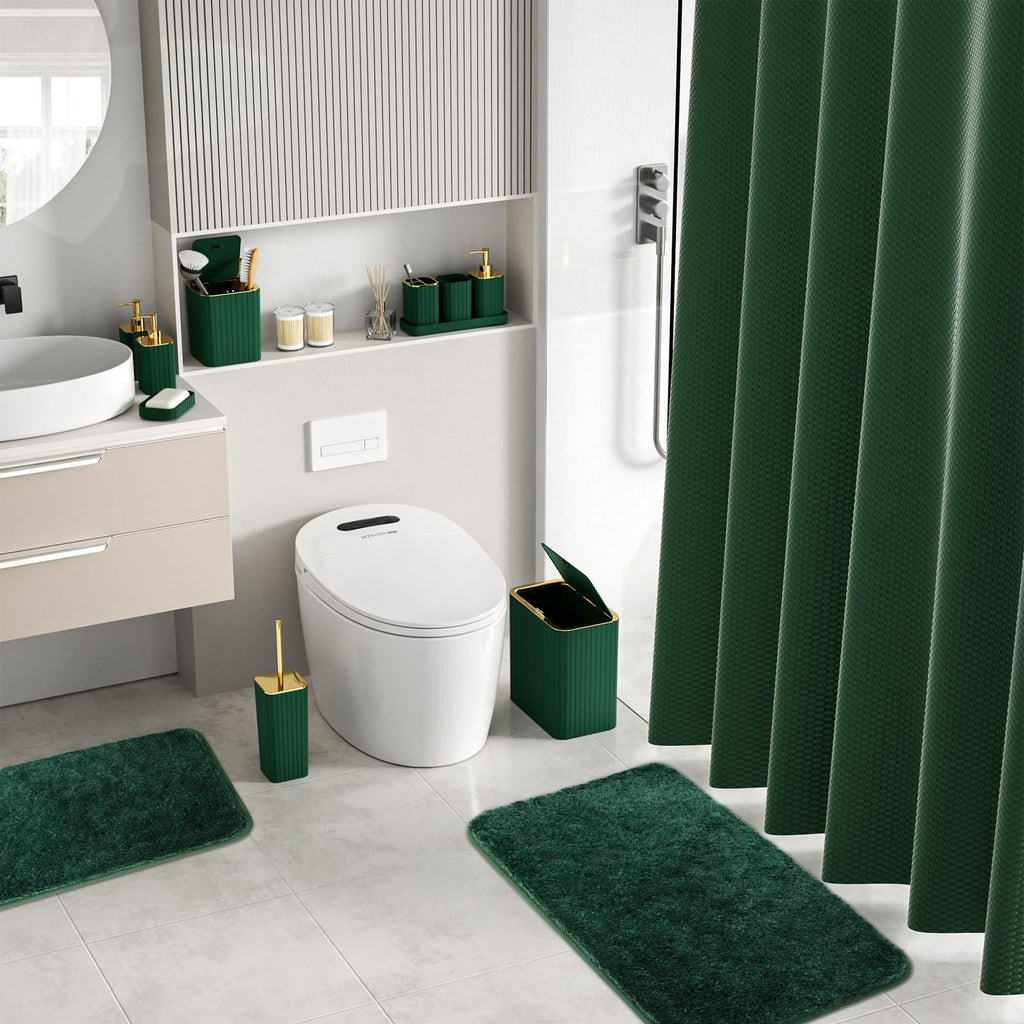 InnJoey Bathroom Sets with Shower Curtain and Rugs - Elegant Bathroom Set, 27PC Bathroom Accessories Set, Green Bathroom Set, Mini Trash Can, Toilet Brush, Trash Can & Soap Dispenser