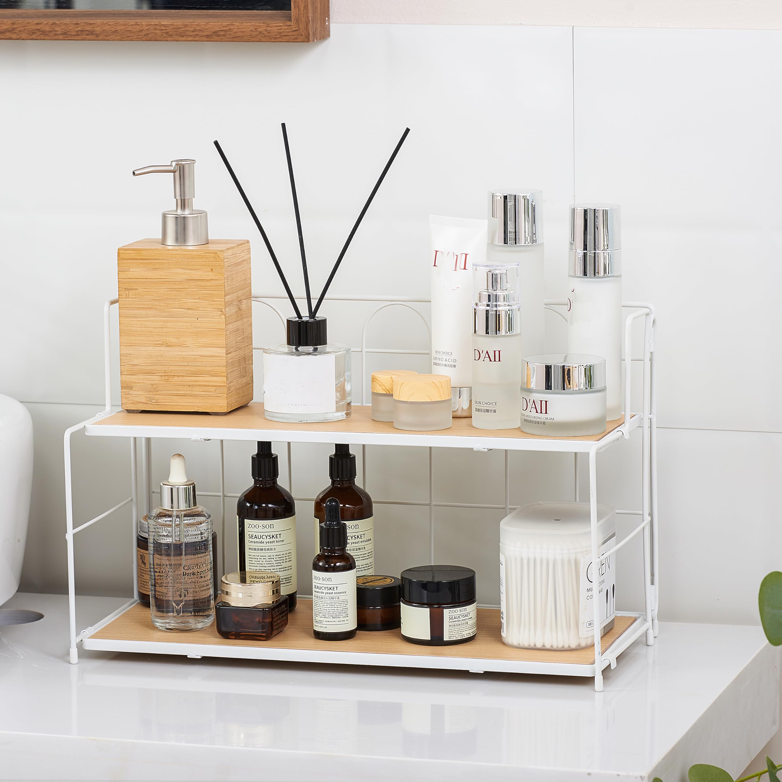 Edergoo Bathroom Counter Organizer 10s Tool-Free Install, 2 Tier Bathroom Organizers and Storage, Collapsible Bathroom Organizer Countertop, Wood Bathroom Kitchen Countertop Organizer, White