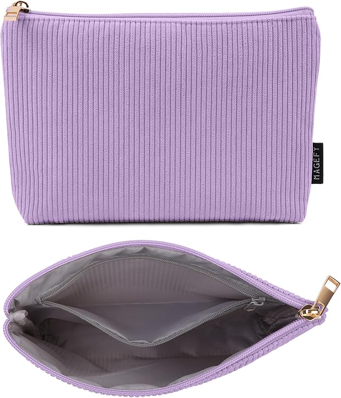 MAGEFY Small Makeup Bag for Purse Corduroy Makeup Bag with Inner Zipper Pockets Travel Cosmetic Bag for Women Preppy Stuff Gifts for Her, Purple