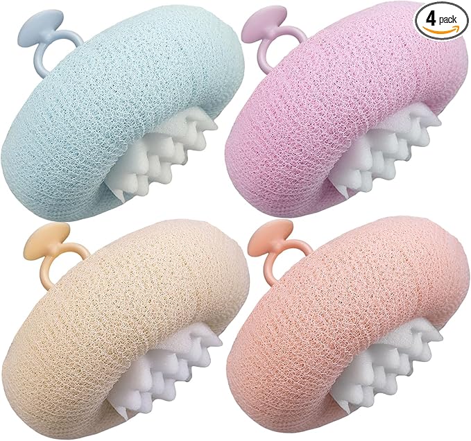 FWUNYVN 2Pcs Upgrade 2-in-1 Sunflower Bath Ball,Super Soft Sunflower Suction Cup Bath Ball，Bath Loofah with Suction Cup, Exfoliating Bath Sponges for Shower Women Men(Beige+Purple)