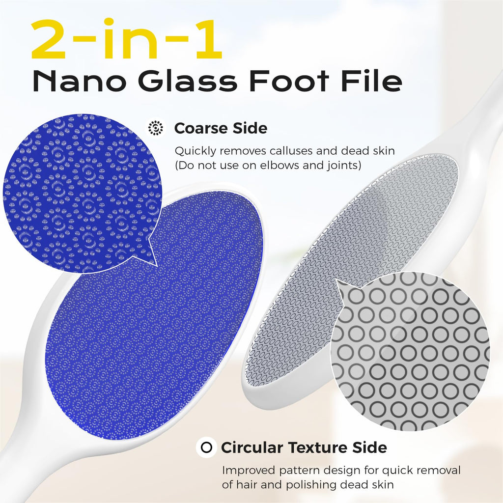 yomanta Foot File, Nano Glass Foot File Callus Remover with Handle, 2-in-1 Foot Scrubber Dead Skin Remover, Gentle Exfoliation Foot Buffer Pedicure Tools for Feet-Blue
