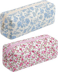 HHQQWZ Cute Floral Cotton Makeup Brush Cosmetic Bag for Women, Travel Quilted Zipper Make Up Bag, Flowers Toiletry Organizer Case Kawaii Makeup Cosmetic Travel Cloth Pouch (Blue+Red Floral)