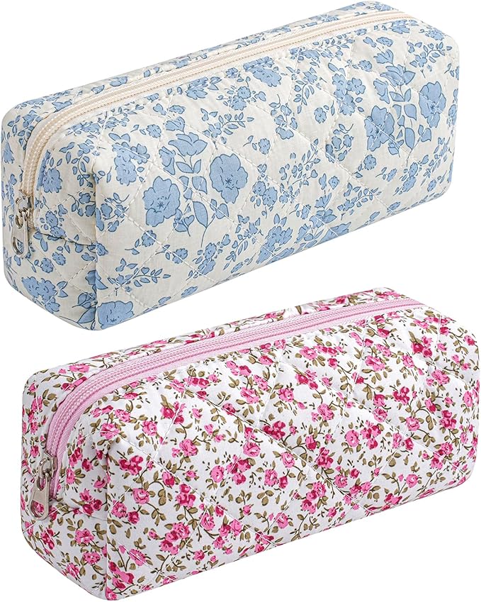 HHQQWZ Cute Floral Cotton Makeup Brush Cosmetic Bag for Women, Travel Quilted Zipper Make Up Bag, Flowers Toiletry Organizer Case Kawaii Makeup Cosmetic Travel Cloth Pouch (Blue+Red Floral)