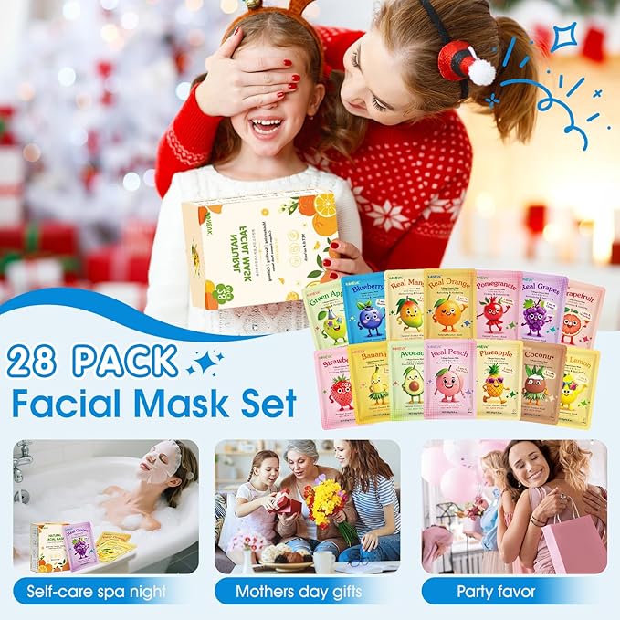 28 Pack Fruit Face Masks Skincare for Kids Girls, Sheet Collagen Face Mask for Women Skin Care, Bulk Hydrating Facial Mask for All Skin Types, Sleepover Party Supplies and Party Spa Gifts for Teens