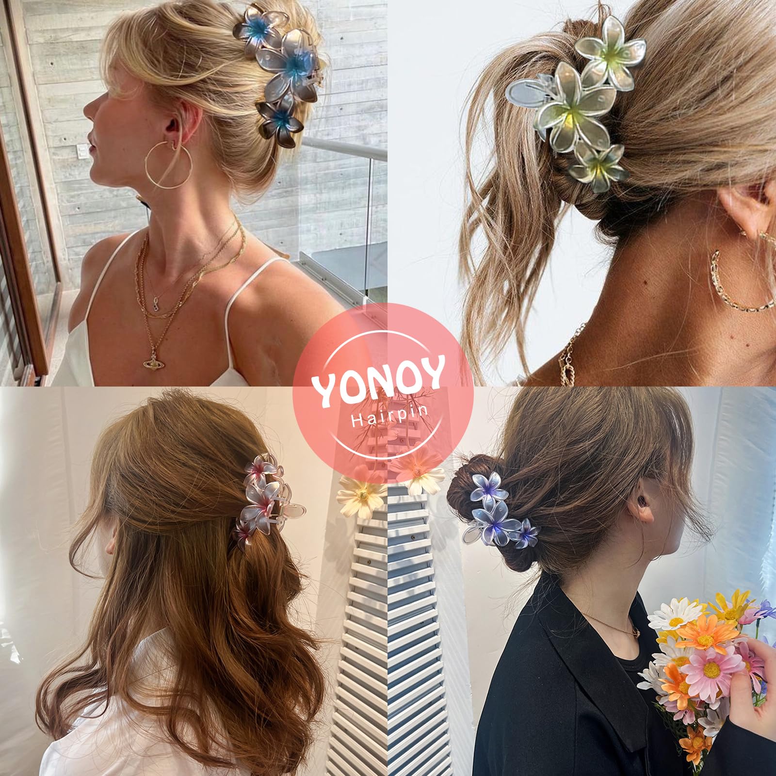 YONOY 6Pcs Flower Hair Clips for Women,Non-Slip Matte Flower Hair Clips for Women,Hawaiian Hair Flower Clip Large Plumeria Banana Cute Clip Beach Hair Accessories (Pearlescent color)
