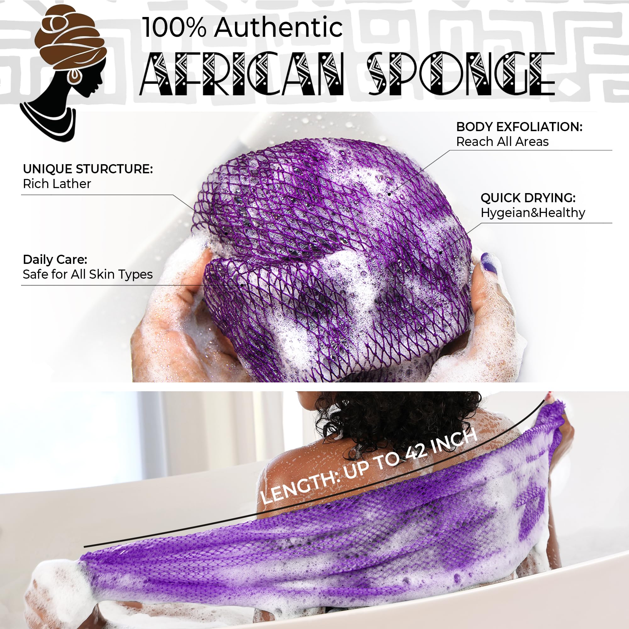 African Net Sponge Authentic - Exfoliating Back Scrub Bath Sponge with Knots - Afro Scrub Body Scrubber Exfoliator Washcloth - African Body Care Daily Use Shower Essentials
