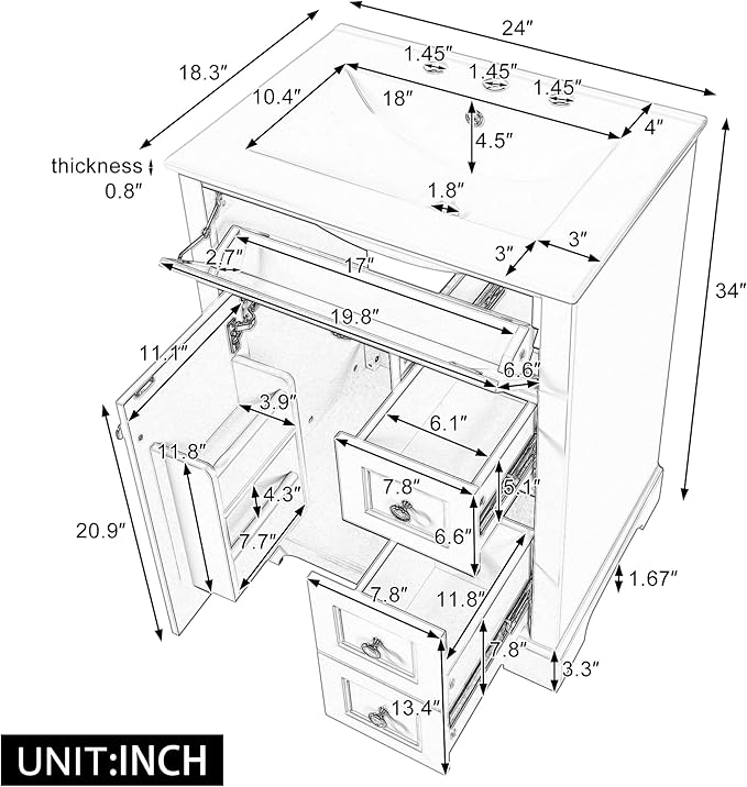 Harper & Bright Designs 24" Bathroom Vanity with Sink, Free Standing Bathroom Vanity Set with Flip Drawer, 2 Drawers, and Storage Rack, Wood Storage Cabinet with Ceramic Basin for Bathroom, White