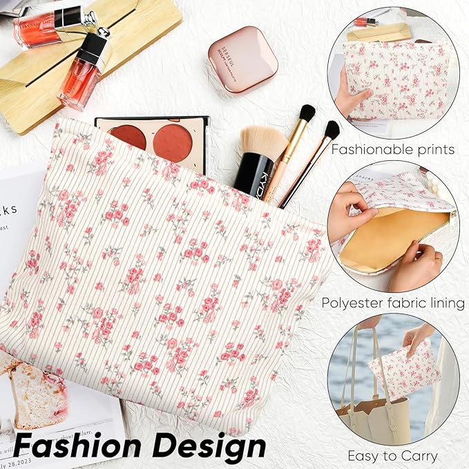 Ksriylm Cute Makeup Pouch for Women Flower Small Make Up Bag for Purse Zipper Initial Cosmetic Bags Pouches for Purse Aesthetic Travel Toiletrybags Gift,Red Floral