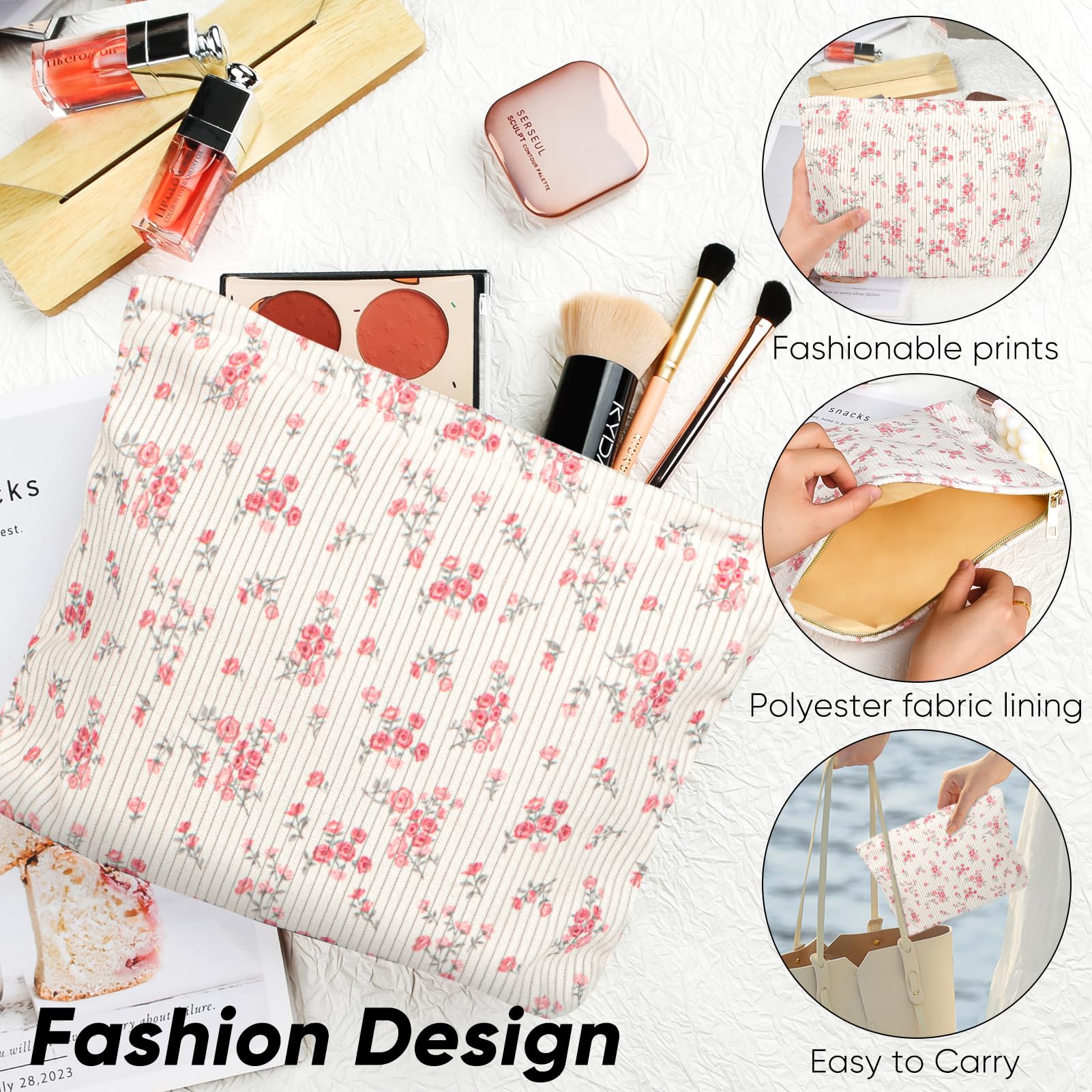 Ksriylm Cute Makeup Pouch for Women Flower Small Make Up Bag for Purse Zipper Initial Cosmetic Bags Pouches for Purse Aesthetic Travel Toiletrybags Gift,Red Floral