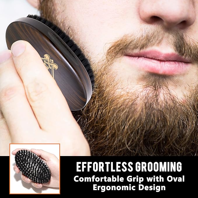 AHTOHAA Professional Men's Beard Brush with Boar Bristles - Small Sized Travel Wooden Mustache Brush for Daily Grooming & Styling (Hat)