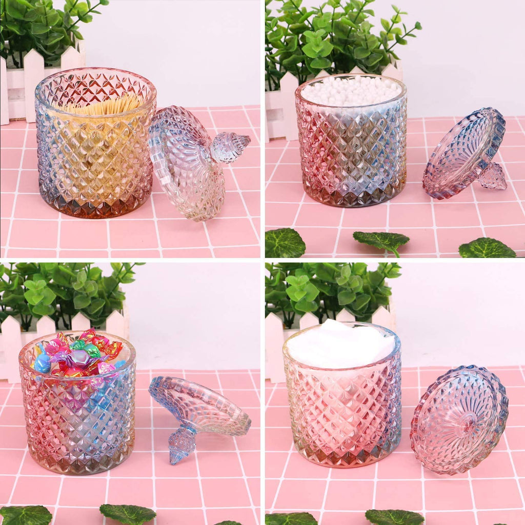 CLOVERHOME Colorful Home Decorative Jar Qtips Holder Dispenser Glass Storage Container Bathroom Counter Vanity Organizer for Bath Salts/Swabs/Rounds Makeup Sponges Toothpick Jewelry(Rainbow, 10 oz)