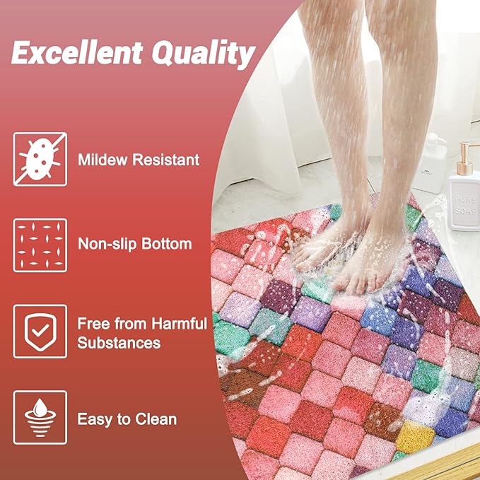 Bathtub Mat Shower Mat Non-Slip: 16x 39 Inch Soft Comfort Bath Mat with Drainage Holes, PVC Loofah Massage Bathmat for Shower, Tub, Bathroom, Wet Areas, Quick Drying
