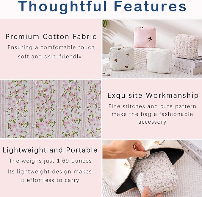 RSRSLEII Small Quilted Cosmetic Pouch for Purse, Mini Cotton Makeup Bag with Compartments, Cute Zipper Lipstick Holder for Women (17Small Pink Flower)
