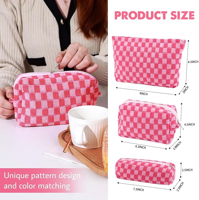 Gocvo 3 Pcs Makeup Bag Cosmetic Bag Set for Girls Women Checkered Travel Organizer Bathroom Toiletry Pouch Large Capacity Storage Bag (Rose-Red)