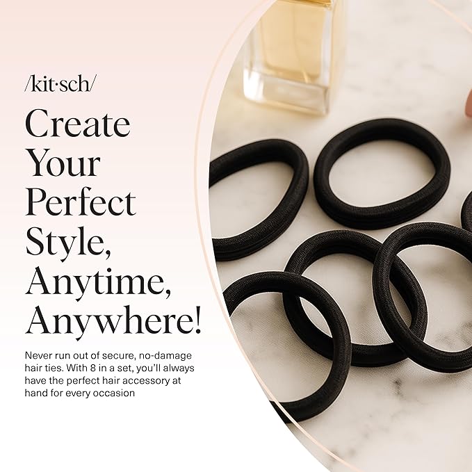 Kitsch Seamless Hair Ties No Damage - Stretchable Hair Bands for Strong All-Day Hold, Ponytail Holders | Hair Accessories for Girls - Black 8 Pcs