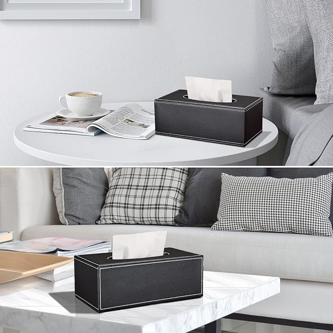 Tissue Box Cover Rectangular, PU Leather Tissue Box Holder for Kleenex, Napkin, Tissue Box Cover Rectangle, Tissue Holder for Bathroom Car Home Decorative 9.84"X5.63"X4.53" - Black