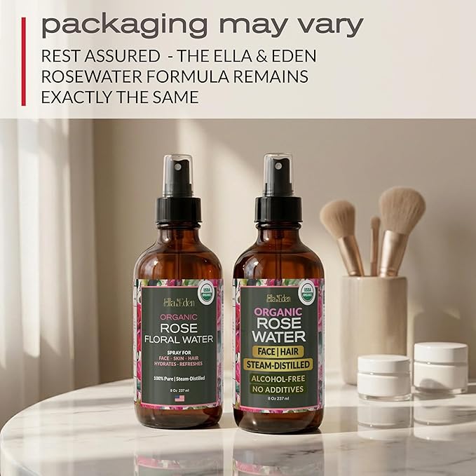 Ella & Eden 100% Pure Organic Rose Water Spray for Face, for Hair - 8oz, Alcohol-Free, No additives - USDA Organic, Steam-Distilled - Refreshing, Hydrating, Glass Bottle