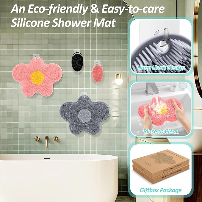Upgrade Silicone Shower Foot Scrubber Mat & Silicone Bath Brush Set, Large Wall-Mounted Back Scrubber Back Washer to Clean, Exfoliate and Massage Without Bending(Gray+Soft Brush)