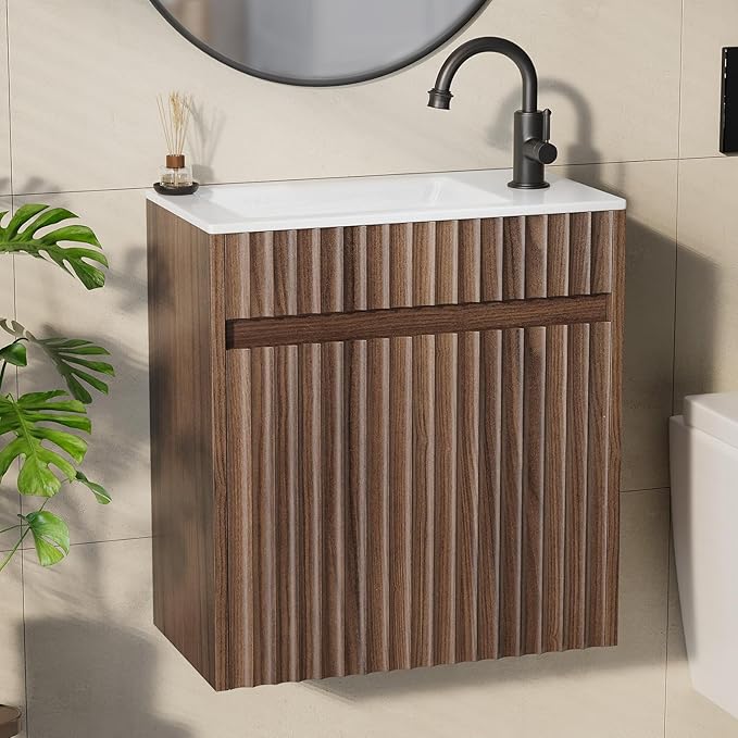 VINGLI 18" Floating Fluted Bathroom Vanity with Ceramic Sink, Wall Mounted Bathroom Vanity Cabinet with Fluted Single Door&White Ceramic Basin Top, 18 Inch Floating Wall Sink Cabinet Combo,Walnut