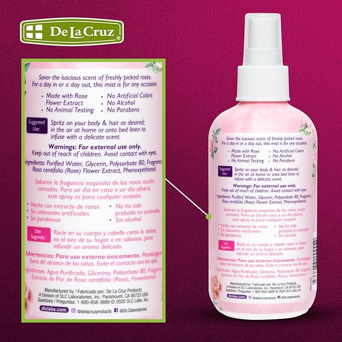 De La Cruz Rose Water Spray, No Parabens or Artificial Colors, Vegan, Made in USA 8 FL. OZ. (6 Bottles)