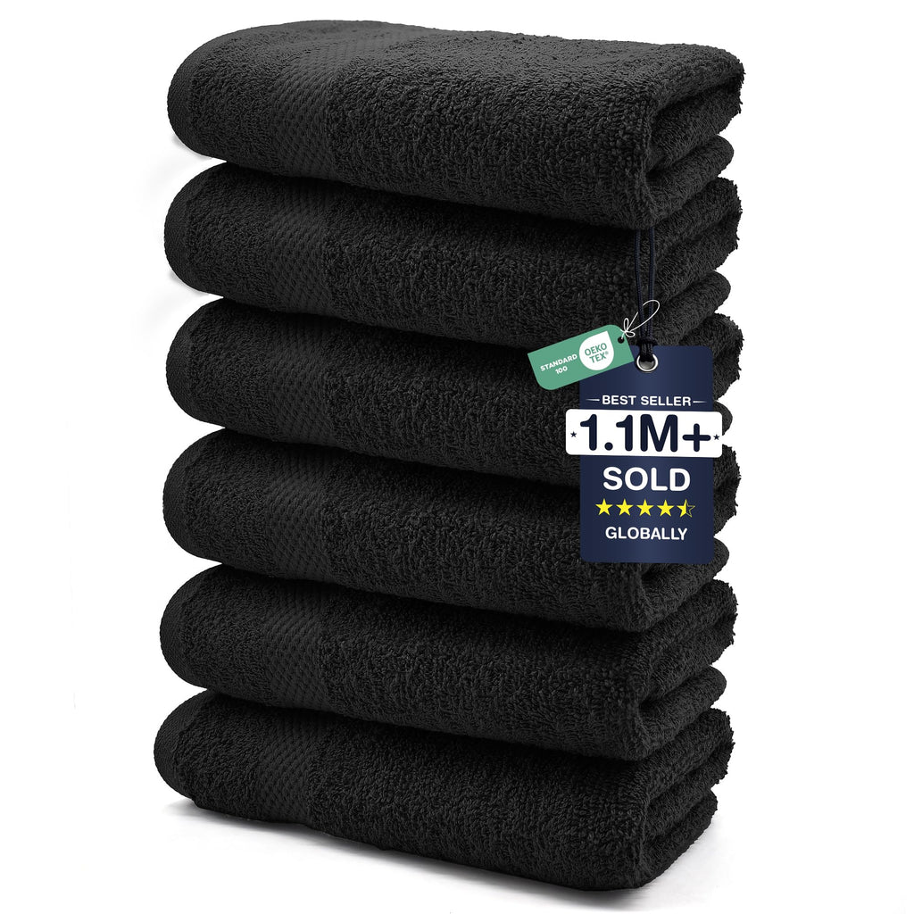 DAN RIVER 6-Pack Premium Hand Towels (16x28 Inches) - 100% Cotton, Ultra Soft, Lightweight, Highly Absorbent Towels for Bathroom, Spa, Gym, Salon, Hotel, and Travel - Black
