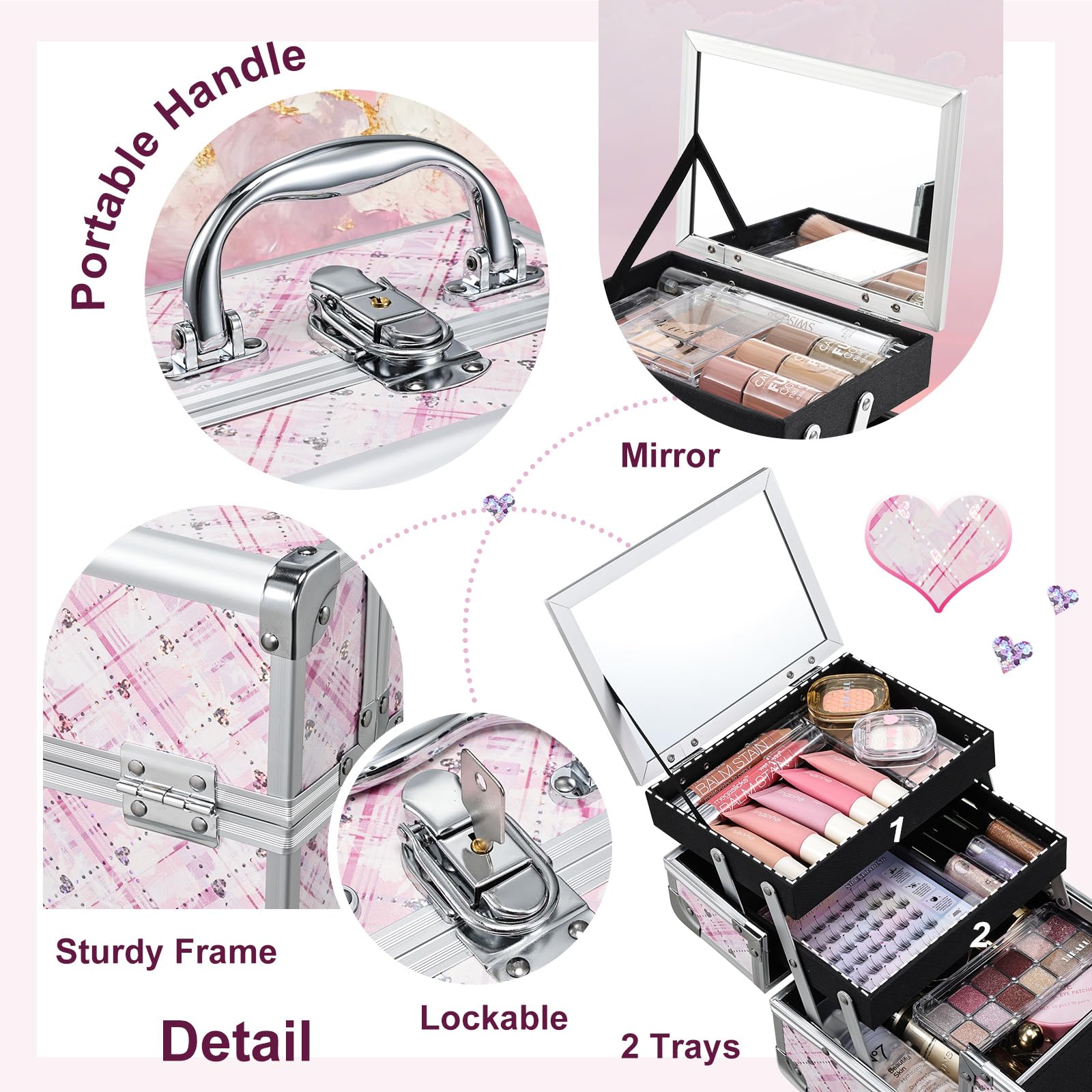 FRENESSA Makeup Train Case Portable Makeup Case Organizer Cosmetic Box Make Up Box Makeup Organizer Cases with Mirror Locking Nail Kit Organizer Travel Case Pink Plaid