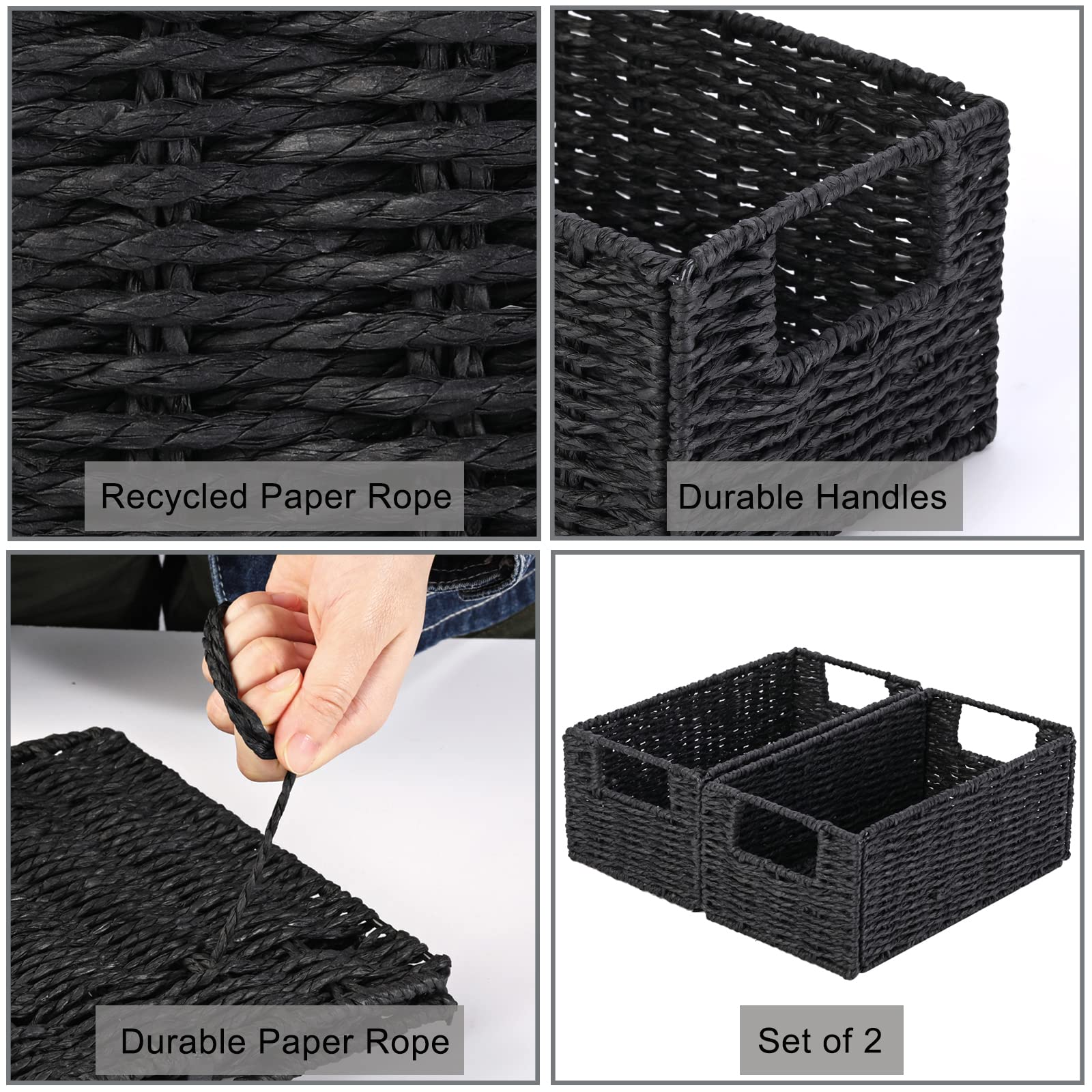 Vagusicc Wicker Storage Basket, Set of 2 Hand-Woven Paper Rope Wicker Basket, Small Storage Baskets for Organizing Toilet Paper Basket, Foldable Large Cube Storage Organizer Bins for Shelves (Black)