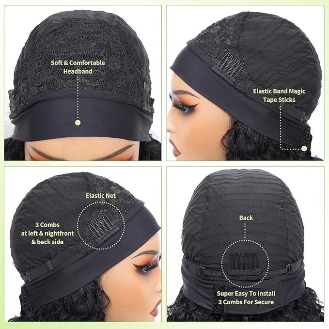 Headband Wig Human Hair Wigs for Black Women Blonde Ombre Pixie Cut Wig Human Hair Put on and Go Glueless Wig Curly Headband Wigs 150% Density Natural Black 8 Inch,T27