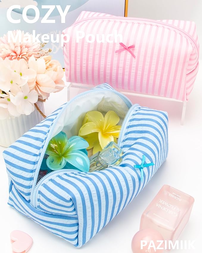 PAZIMIIK Cozy Makeup Bag for Women,Zipper Cosmetic Pouch,Stripe Lake Blue